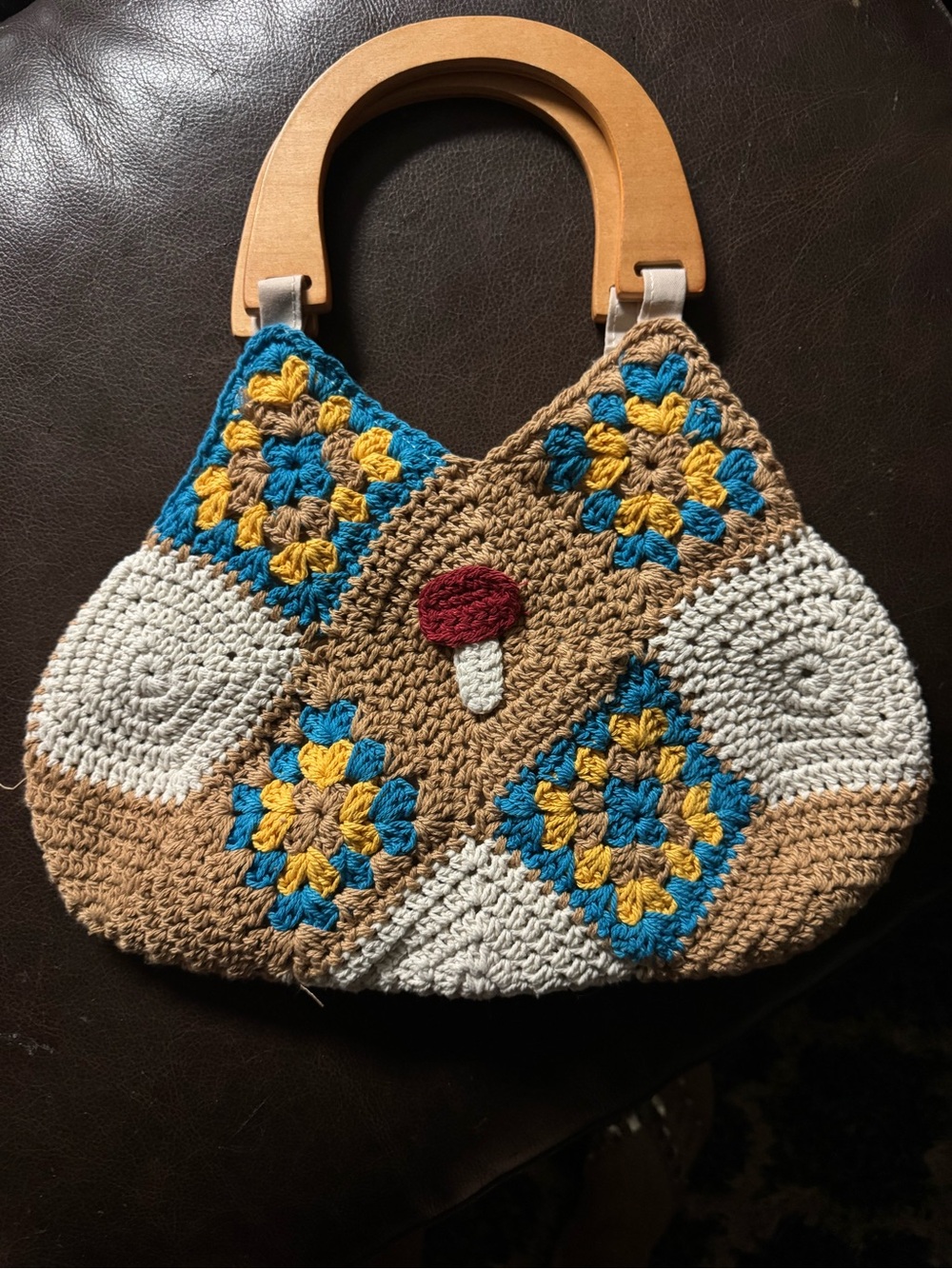 Handmade Crochet Mushroom Accent Tote - Tan, White, Blue & Yellow - Picture 2 of 4